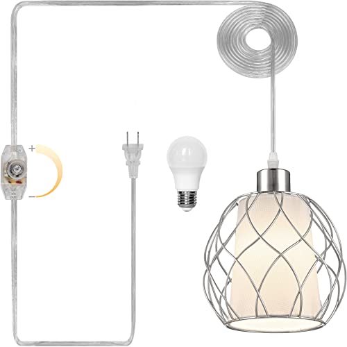 Cinkeda Hanging Lights with Plug in Cord,Hanging Lamps that Plug into Wall Outlet with Dimmable Switch and 15 ft Clear Cord, Swag Lamp for Bedroom Kitchen Island Living Room (Bulb Included) - color: Silver