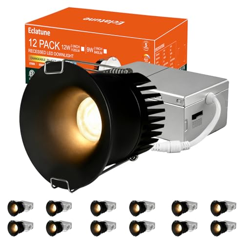 3 Inch Anti-Glare Recessed Lighting IP65 Shower Light 5CCT Waterproof LED Downlight with Junction Box, 2700K-5000K Selectable CRI90+, 12W COB, 1120LM Dimmable ETL 12 Pack Black - color: Black-12P, size: 3 Inch