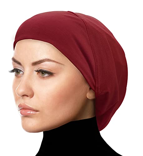 Women's Snood Cap Cotton Beanie Hair Wrap Chemo Undercap Easy Bonnet Hat - color: Maroon