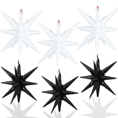 6 Pcs White Black Star Foil Balloons One-Piece 14-Pointed Star Balloon 4D Starburst Cone Mylar Balloon 22inch Christmas Birthday Wedding Wedding Anniversary Party Supplies (White + Black) - color: 22 Inches White + Black
