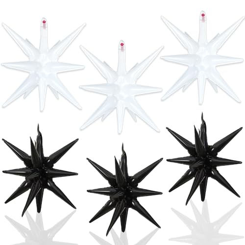 6 Pcs White Black Star Foil Balloons One-Piece 14-Pointed Star Balloon 4D Starburst Cone Mylar Balloon 22inch Christmas Birthday Wedding Wedding Anniversary Party Supplies (White + Black) - color: 22 Inches White + Black