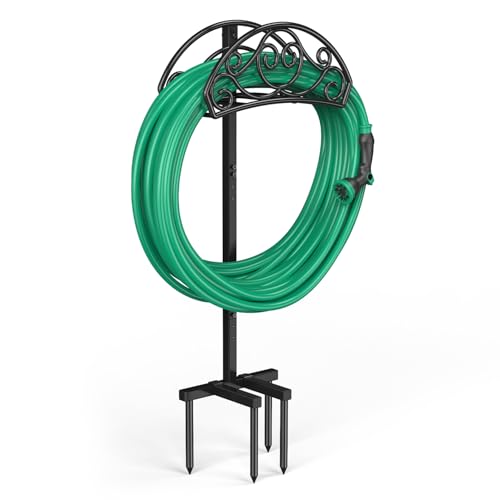 Sunvigor Garden Hose Holder, Heavy Duty Metal Hose Stand with 4 Spikes, Holds Up to 150FT Hose, No Drill Freestanding Hose Reel Alternative for Yard Lawn Outdoor - color: Black-vine Style