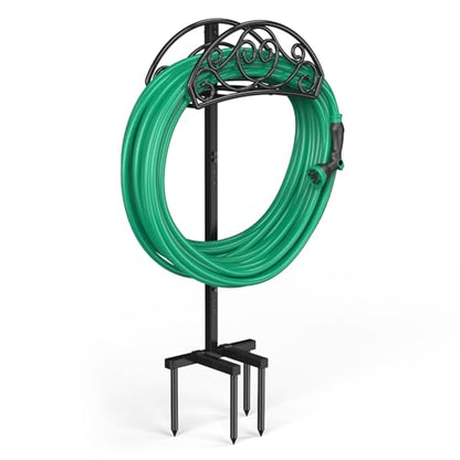 Sunvigor Garden Hose Holder, Heavy Duty Metal Hose Stand with 4 Spikes, Holds Up to 150FT Hose, No Drill Freestanding Hose Reel Alternative for Yard Lawn Outdoor - color: Black-vine Style