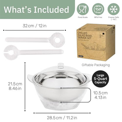 Useful Co. Chilled Serving Bowl, Salad Bowl with Ice Chiller Base and Lid - size: 5 quarts
