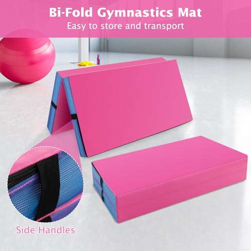 Giantex 4" Thick Folding Gymnastics Mat, 4' x 4' Bio-Folding Exercise Mat with Carry Handles & PU Leather Cover, Gym Home Tumbling Mat for Kids, Yoga, Fitness, Pilates & Martial Arts - color: Pink