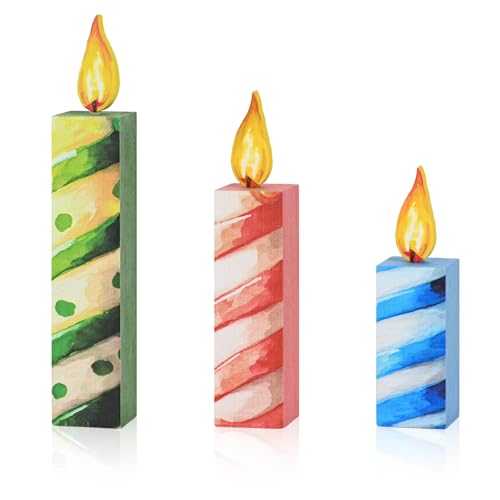 Smile Birthday Wooden Block Decor Set, Watercolor Candle Flame Striped Tiered Tray Tabletop Blocks for Birthday Party Everyday Home Kitchen Shelf Decorations - style: Candle