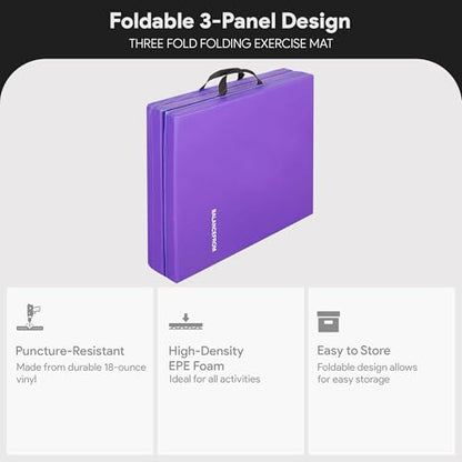 BalanceFrom 6x2 Feet 3-Panel Folding Gymnastics Mat – 2-Inch Thick Pad with Vinyl Surface and Carrying Handles for Tumbling, Yoga, Pilates, Home Workouts, and Martial Arts - color: Purple