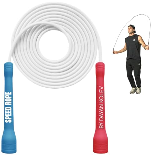 Swissskip Speed Jump Rope by Dayan Kolev, 5mm PVC Skipping Rope, Great for Beginners and Advanced Athlets, Designed for Fitness, Cardio, Boxing & CrossFit, Adjustable length with Unbreakable Handles - color: White with Red and Blue Handles