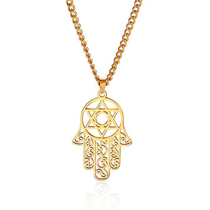 Hamsa Hand of Fatima Hexagram Necklace Star of David Evil Eye Pendant Jewish Female Protection Amulet Symbol Jewelry Women Men - color: gold