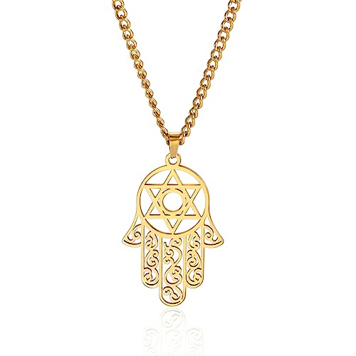 Hamsa Hand of Fatima Hexagram Necklace Star of David Evil Eye Pendant Jewish Female Protection Amulet Symbol Jewelry Women Men - color: gold
