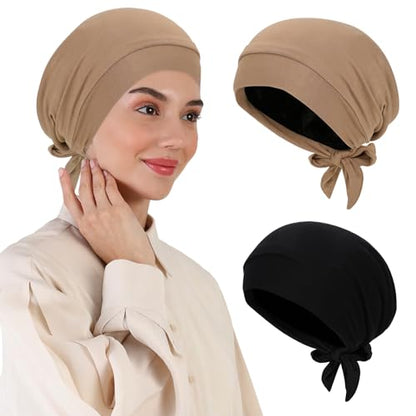 XEPST 2 PCS Hijab Undercap for Women, Islamic Muslim Under Hijab Cap Satin Lined Undercap Tie Back Bonnet Inner Head Scarf Head Wraps Hair Turbans for Women Chemo Headwear Sleep Cap, Black+Khaki