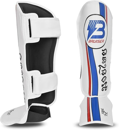 Shin Guards with Instep, Blue & White, Unisex Adult, for Kickboxing, Muay Thai, MMA, Sparring, Taekwondo Training - size: Medium