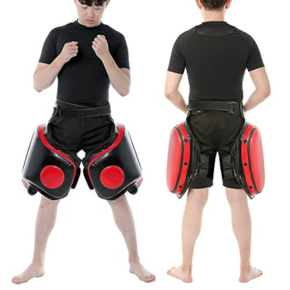 Kickboxing Thigh Pads - Muay Thai Thigh Pads High Density Foam Leg Guards with PU Leather - Adjustable Training Gear for Martial Arts Coach Trainer and Adult Sparring Body Protector