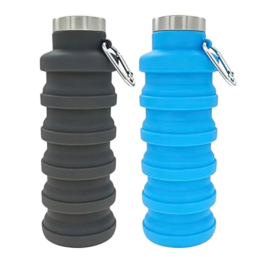 YCT Collapsible Water Bottle 17oz（500ml），Travel Portable Sport Water Bottle，Reusable Silicone Foldable Water Bottles for Gym Camping Hiking (Black+Blue) - color: Black+Blue, style: Retractable