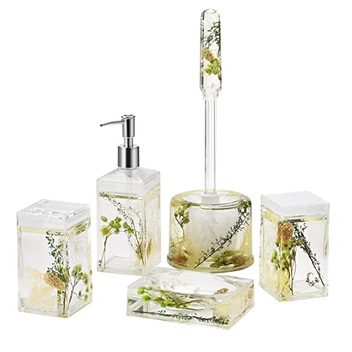 5 Piece Acrylic Liquid 4D Floating Motion Bathroom Vanity Accessory Set Garden Botanic Green Plants Toothbrush Holder, Tumbler, Soap Dispenser, Soap Dish, Toiletbrush Holder Set - size: 5-piece, style: Green Plants