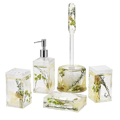 5 Piece Acrylic Liquid 4D Floating Motion Bathroom Vanity Accessory Set Garden Botanic Green Plants Toothbrush Holder, Tumbler, Soap Dispenser, Soap Dish, Toiletbrush Holder Set - size: 5-piece, style: Green Plants