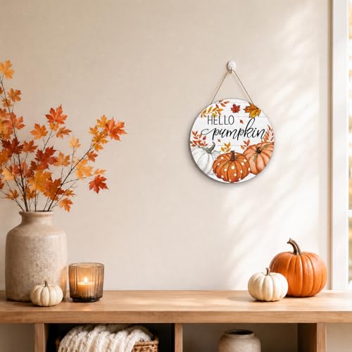 Smile Fall Thanksgiving Halloween Wooden Door Hanger, Hello Pumpkin Maple Leaf Rustic Wood Door Sign for Farmhouse Home Porch Autumn Holiday Party Decorations - style: Hello Pumpkin