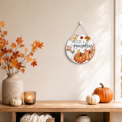 Smile Fall Thanksgiving Halloween Wooden Door Hanger, Hello Pumpkin Maple Leaf Rustic Wood Door Sign for Farmhouse Home Porch Autumn Holiday Party Decorations - style: Hello Pumpkin