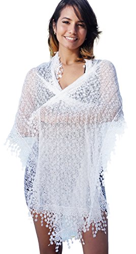 Cindy & Wendy Lightweight Soft Leaf Lace Fringe Scarf Bridal Shawl for Women - color: Ivory-sh
