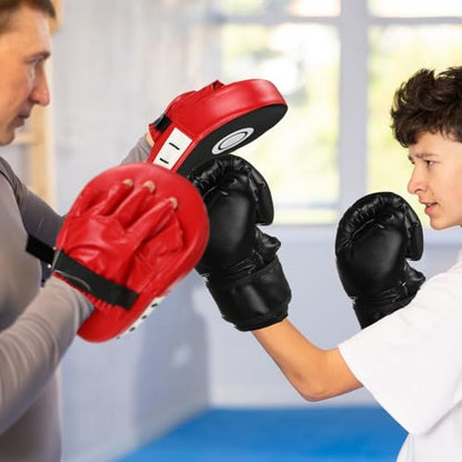 Arrowbash Boxing Gloves and Punching Mitts Set for Kids 6oz Black Gloves Curved Punch Mitts Pad Sparring Training Equipment for Martial Arts Muay Kickboxing Taekwondo Karate BJJ