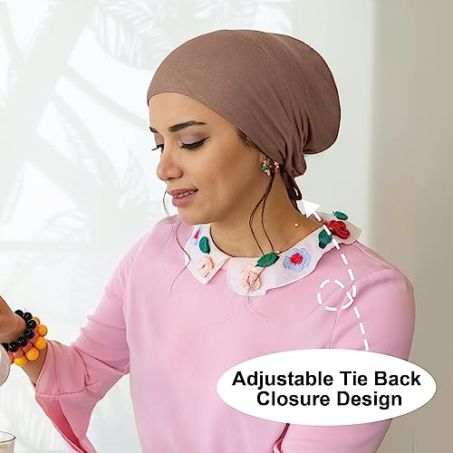 PHOGARY 4 Pcs Women Hijab Undercap, Islamic Muslim Under Hijab Cap Inner Under Scarf Hat Turban with Tie Back Closure - color: Wine, Camel, Khaki, Light Khaki