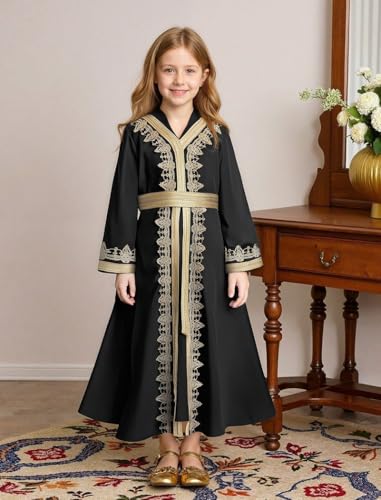 Muslim Dress for Kids Girls Abaya Middle East Ramadan Long Sleeve Lace Prayer Dress Arabic Kaftan with Belt - color: Black, size: 5-6 Years
