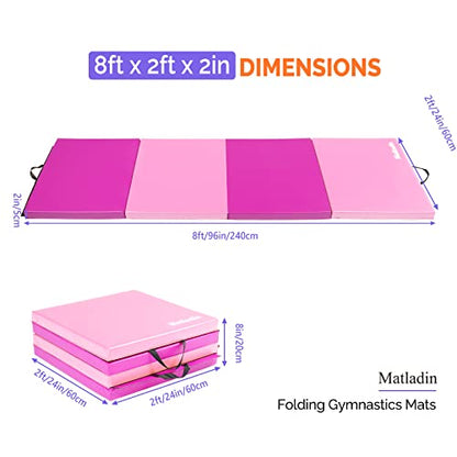 Matladin 8' Folding Gymnastics Gym Exercise Aerobics Mat, 8ft x 2ft x 2in PU Leather Tumbling Mats with Hook & Loop Fastener for Stretching Yoga Cheerleading Martial Arts - color: Purple&Pink
