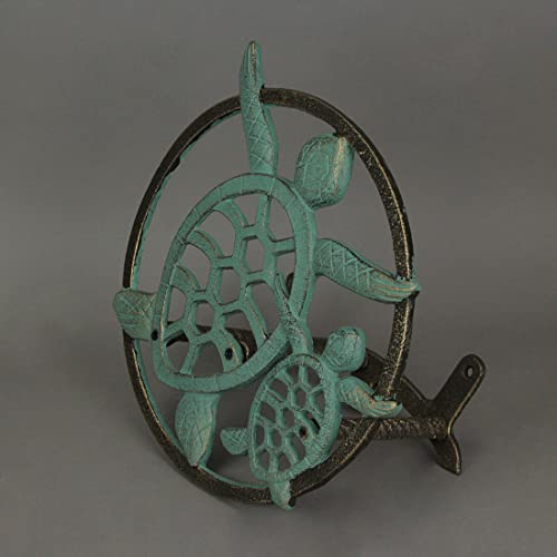 Sea Turtle Garden Hose Holder, 11.75 Inch Diameter Verdigris Cast Iron | Wall Mounted, 5.75 Inch Deep, Holds About 75 Feet of Hose, Three-Point Mounting Hardware Included - color: Sea Turtle - Green