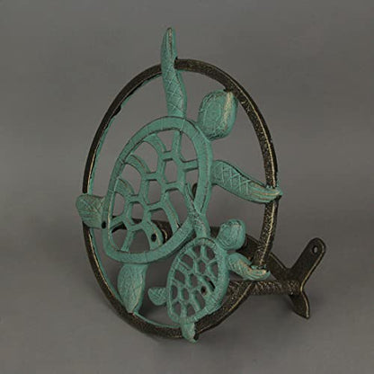Sea Turtle Garden Hose Holder, 11.75 Inch Diameter Verdigris Cast Iron | Wall Mounted, 5.75 Inch Deep, Holds About 75 Feet of Hose, Three-Point Mounting Hardware Included - color: Sea Turtle - Green