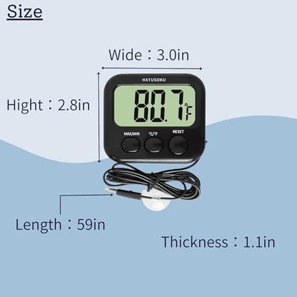 HATUSOKU Digital Thermometer with External Sensor, Magnet, Suction Cup, Water Thermometer, Aquarium, Refrigerator, Freezer (Black) - color: Black