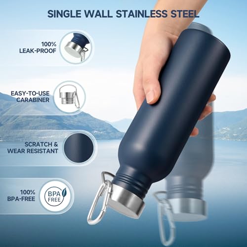 Volhoply 26oz Uninsulated Single Walled Water Bottle, Stainless Steel Reusable Water Bottles with Handle & Carabiner, BPA Free Wide Mouth Water Bottles for Gym Sports Camping（Navy,1） - color: Navy