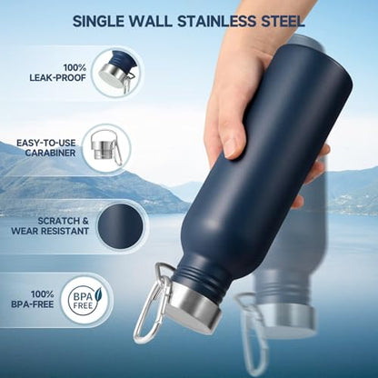 Volhoply 26oz Uninsulated Single Walled Water Bottle, Stainless Steel Reusable Water Bottles with Handle & Carabiner, BPA Free Wide Mouth Water Bottles for Gym Sports Camping（Navy,1） - color: Navy