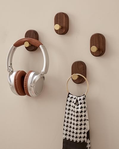 Wood Coat Hooks Wall Mount - Modern Walnut Coat Hook with Bronze Accent for Hanging Clothes,Keys,Purse,Robes,Towel,Backpacks, Single Brass Wall Hooks Heavy Duty for Entryway, Closet, Bathroom (4 Pack) - style: 4 Pack