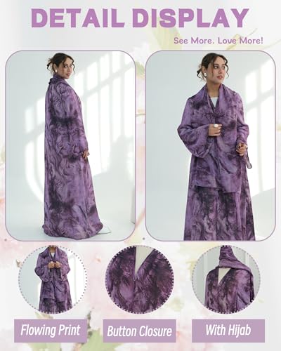 Modest Cardigan Set Women Muslim Dress with Soft Hijab Scarf Islamic Outfits Open Abaya For Eid, Ramadan, Umrah, Hajj - color: Purple, size: S(52)
