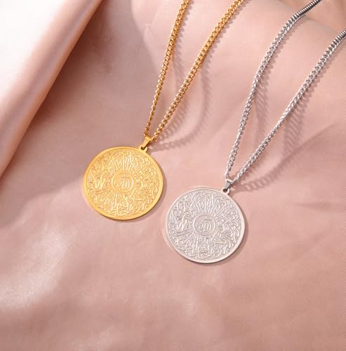 Islamic Ayatul Kursi Necklace Allah Pendant Quran Protection Asma - Ul - Husna Necklace Arabic Calligraphy Script Islam Eid Ramadan Gift Muslim Religious Jewelry Women Men - color: gold