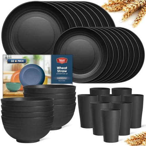 Teivio 32-Piece Plates and Bowls Sets for 8, Deep Black Dinnerware Sets - color: Deep Black