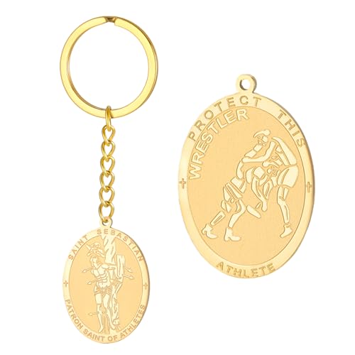 Dreamtimes St. Sebastian Medal Keychain for Men Women Stainless Steel Religious Saint Patron of Athletes Catholic Keychain - style: Wrestler-g