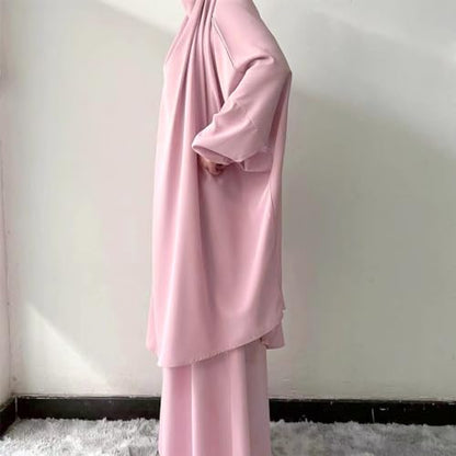 ODIZLI Two Pieces Jilbab and Dress for Muslim Women Long Khimar and Skirt Available for Prayer - color: Pink