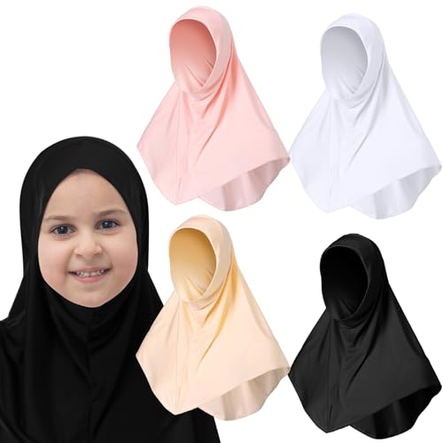 Cozypower 4 Pcs Eid Hijab Muslim for Girls Kids Head Scarf Islamic Shawls Neck Wrap Kids Ages 6-11 Headscarf Instant Turban - color: Classic Color