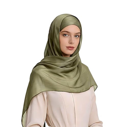 Organza Sheen Shimmer Crepe Hijab Scarf for Women Lightweight Sheer Shawl Wrap for Wedding and Evening Dresses - color: Olive Green