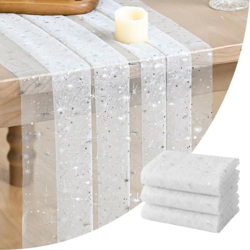 Artoid Mode 3PC Silver Stars White Gauze Table Runner 120 Inch 10FT, Reversible Glitter Sheer Dining Wedding Holiday Birthday Table Decor for Home Party - color: White Silver, size: 28" x 120", 3pc