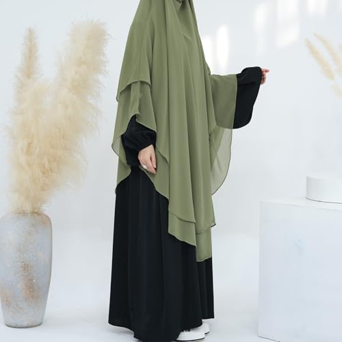 SYANKANGXIAO Ramadan Eid Khimar Abaya Turkey Islam Muslim Chiffon 2 Layers Long Hijab Dress Prayer for Women Full Cover Robe - color: Green