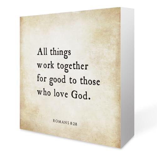 Inspirational Bible Verse All Things Work Together Wooden Box Sign Romans 8:28 Scripture Desk Decor Rustic Scripture Wood Block Plaque Box Sign for Home Office Shelf Table Decoration - color: Romans 8:28