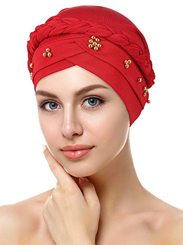 SATINIOR 4 Pieces Turban for Black Women African Cap Head Wraps Beaded Headscarf Beanie Wrap - color: Black, Grey, White, Red, style: Bead Style