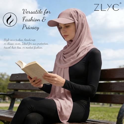 ZLYC Women Muslim Hijab Scarf with Visor Built-in Undercap Sun Protection Headwrap - color: Solid Pink Latte