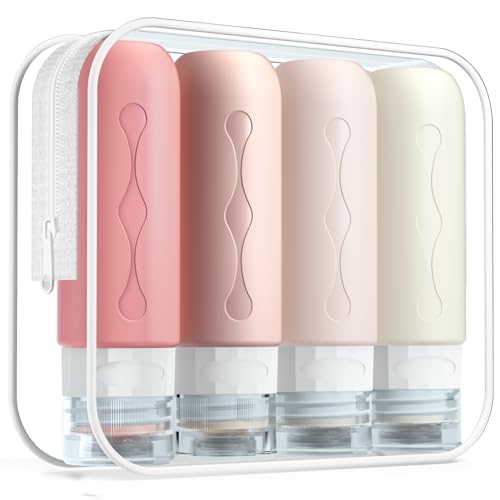 Gemice Travel Bottles for Toiletries, Tsa Approved Travel 3oz Size Containers with Clear Bag, BPA Free Leak Proof Travel Tubs Refillable Liquid Travel Accessories for Cometic Shampoo Lotion (4 Pack) - color: Cream-Powder, size: 3 Ounces