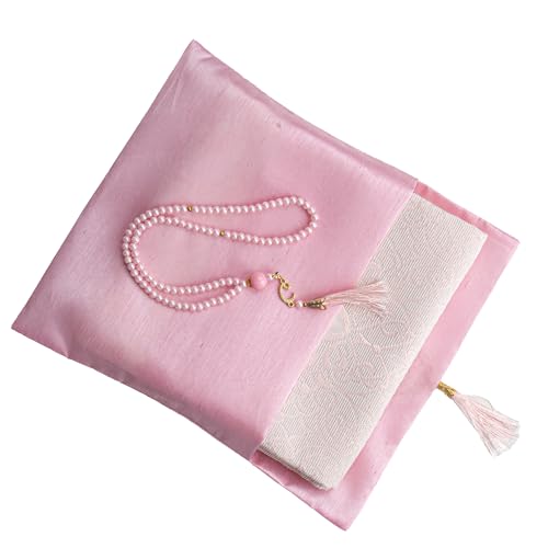 Modefa Islamic Prayer Mat Muslim Gifts - Thin Travel Muslim Prayer Rug in Taffeta Gift Bag with Tasbih Beads Prayer Matt Islam - Chenille Turkish Praying Carpet - Ramadan Gifts (Pink) - color: Pink