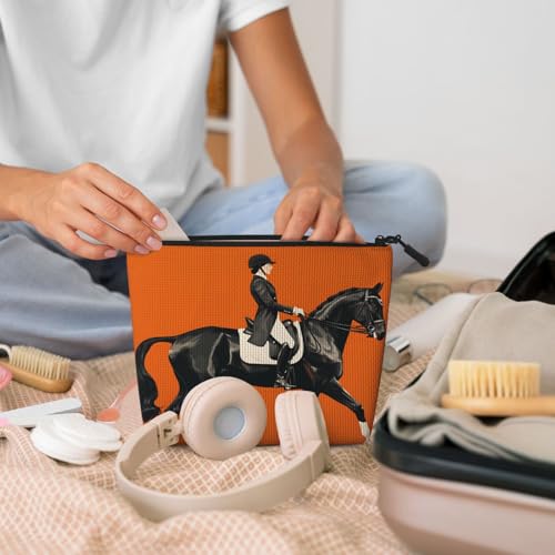 Equestrian Rider On Black Horse Fake Hemp Makeup Bag Travel Bags Toiletry Pouch With Zipper 9.45 X 6.7 In - color: Equestrian Rider On Black Horse