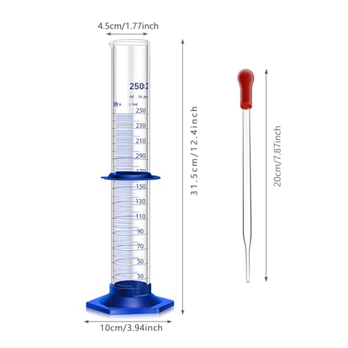 Thick Glass Graduated Cylinder Measuring Liquid Lab Cylinders with Anti-Falling Plastic Base and Bumper Guards and Glass Dropper (Glass, 250ML) - size: 250ML