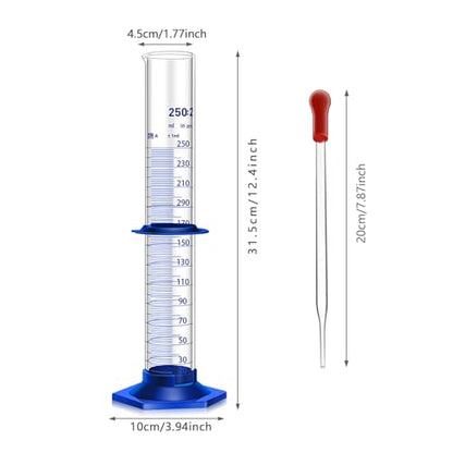Thick Glass Graduated Cylinder Measuring Liquid Lab Cylinders with Anti-Falling Plastic Base and Bumper Guards and Glass Dropper (Glass, 250ML) - size: 250ML